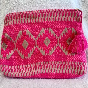Boho Pink Woven Clutch Tassel | Foldover Tribal Geometric Pouch Bag